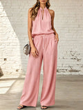 cross-border fashion  spring/summer women's solid color casual cotton linen top and wide-leg pants set