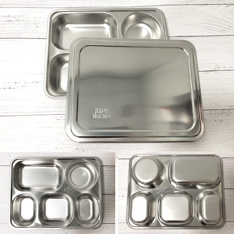 304 stainless steel fast food tray student canteen with cover five-compartment rice tray kindergarten compartment chinese style dinner plate serving plate