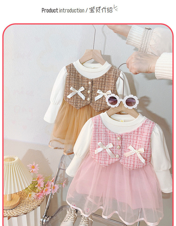 Baby girl dress spring new style little girl fashionable chic spring and autumn girl sweet tulle dress long sleeve dress