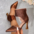 Women's brown slip-on zipper heeled mules, stiletto fashion pointed toe minimalist high heel single shoes for women