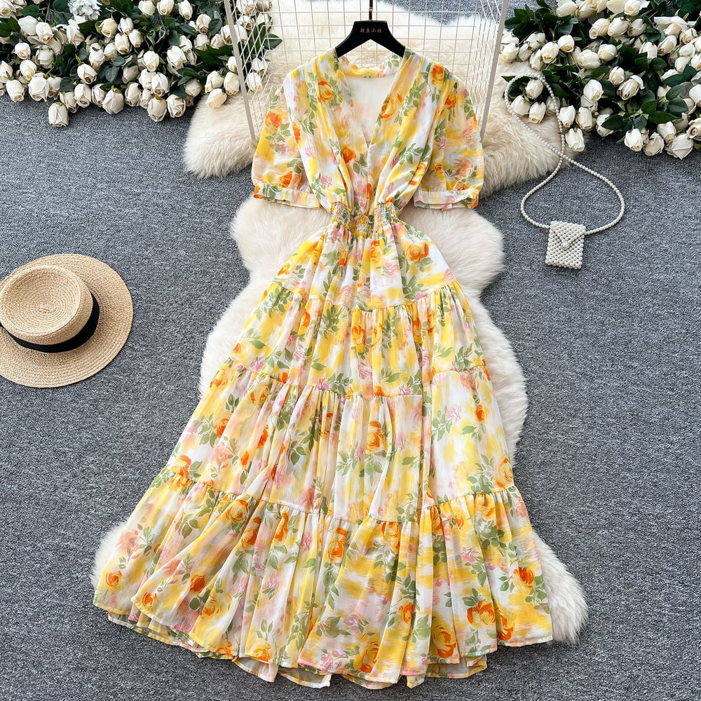 Frenchretrov neck puff sleeve floral chiffon dress women's summer dress waist elegant slit ruffles long skirt