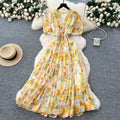 Frenchretrov neck puff sleeve floral chiffon dress women's summer dress waist elegant slit ruffles long skirt