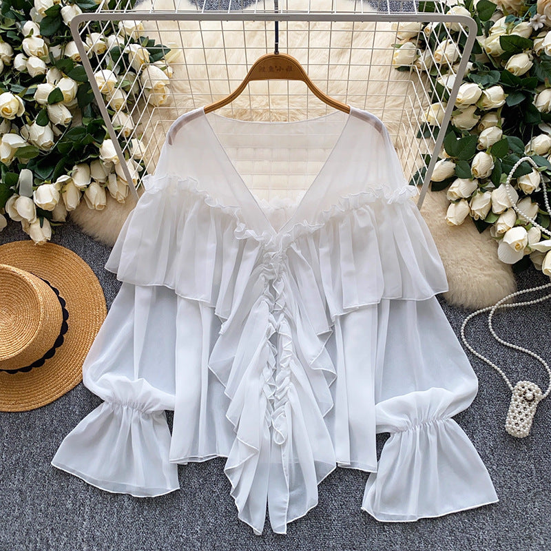 cross-border 2026 summer lazy style elegant socialite rufflespatchwork bell sleeve chiffon shirt loose shirt