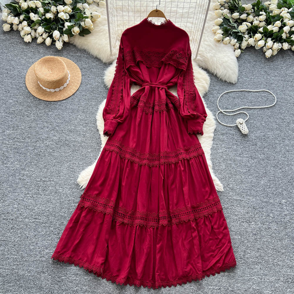 Vintage court style lantern sleeve dress - women's summer hollow-out crochet single-breasted elegant mature lady long dress