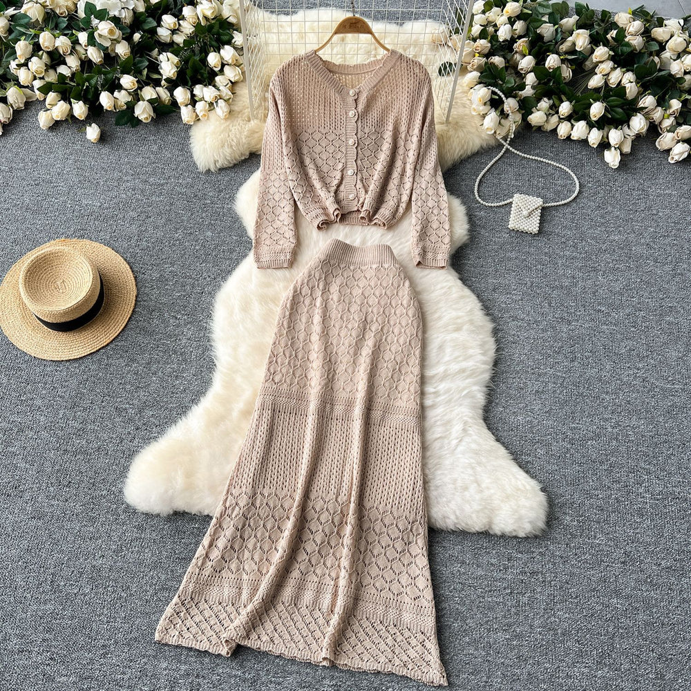 Korean style women's gentle & versatile hollow-out crochet long sleeve knit cardigan top + high-waisted slimming midi skirt