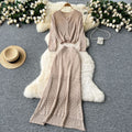 Korean style women's gentle & versatile hollow-out crochet long sleeve knit cardigan top + high-waisted slimming midi skirt