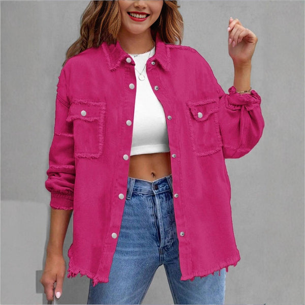 FR870424  new European beautiful women's rough edge pocket denim jacket casual long sleeve casual personality