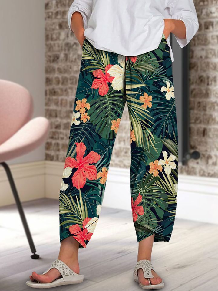 new  wide-leg pants: relaxed fit, cotton linen blend, printed, pocketed, elastic waist, cropped length - women's - in stock