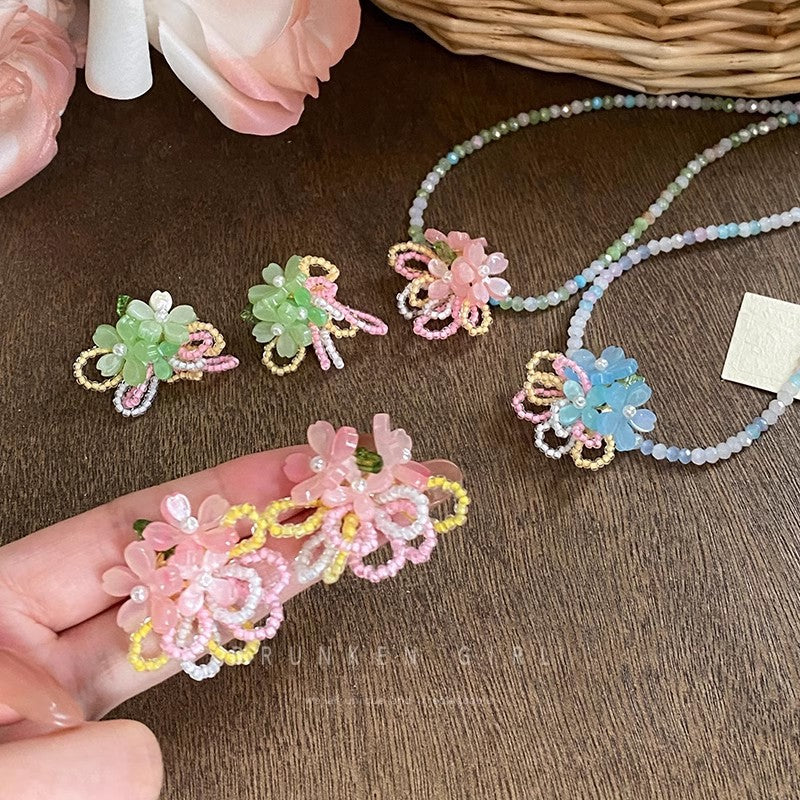 Dopamine beaded romantic floral stud earrings - summer colorful beach vacation style, unique earrings, sweet & ethereal forest vibes