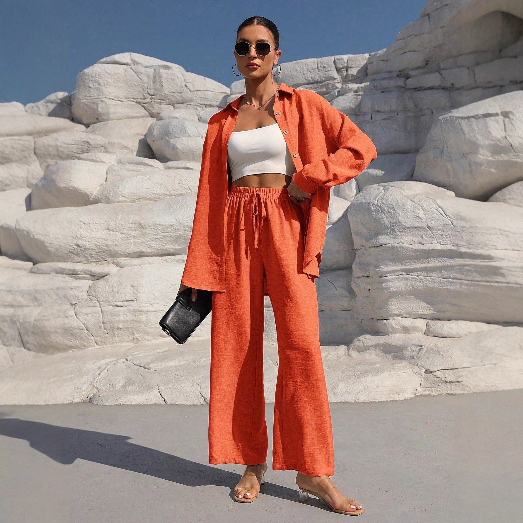 Europe and the United States  fashion spring and autumn style temperament large size women's long-sleeved cardigan two-piece set casual solid color set