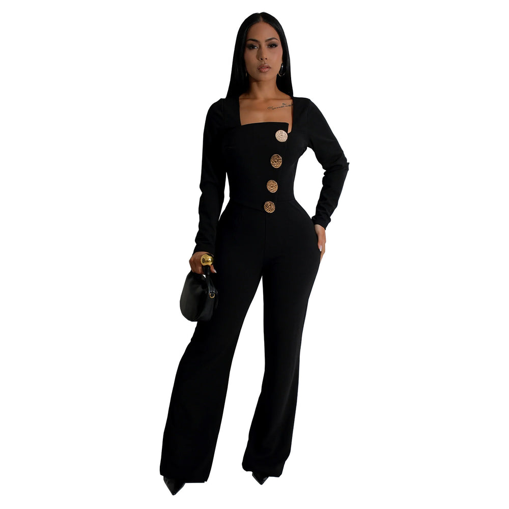 C7201 cross-border   fashion women's long-sleeve arm-hugging pants slim-fit solid color jumpsuit