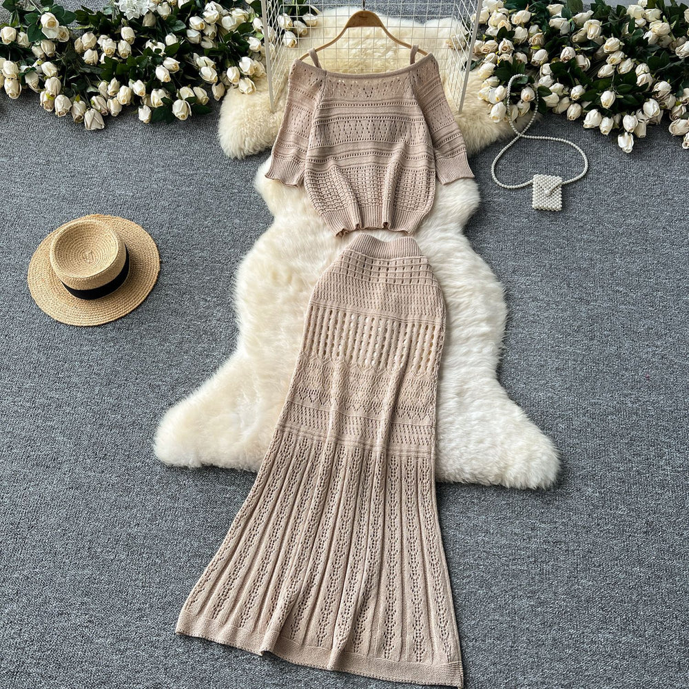 Niche styleretrocut out hook flower off-shoulder suspender knitting shirttopstwo-piece set women's easiest for match medium long skirt
