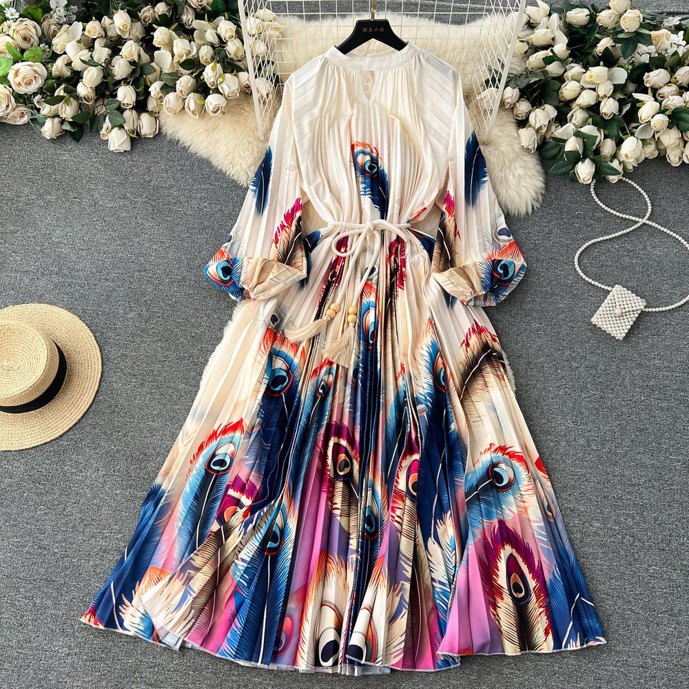 Elegant and chic printed dress for women - summer bubble sleeve tie-waist design, unique and flowy fairy dress