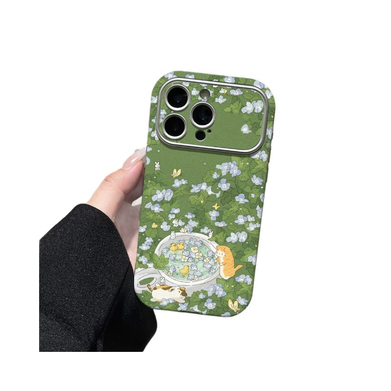 Green floral cat teacup phone case for iphone 17 pro max, apple 16 full coverage shockproof protective case - wholesale