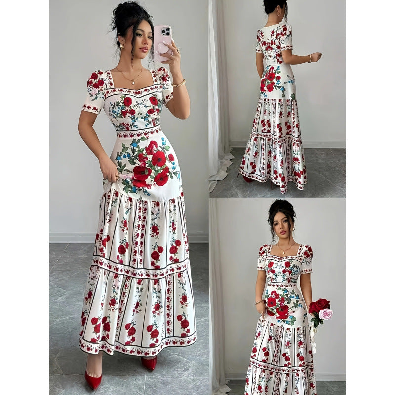 Women's summer new french chic romantic floral print square neck short sleeve cinched waist a-line maxi dress