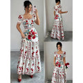 Women's summer new french chic romantic floral print square neck short sleeve cinched waist a-line maxi dress
