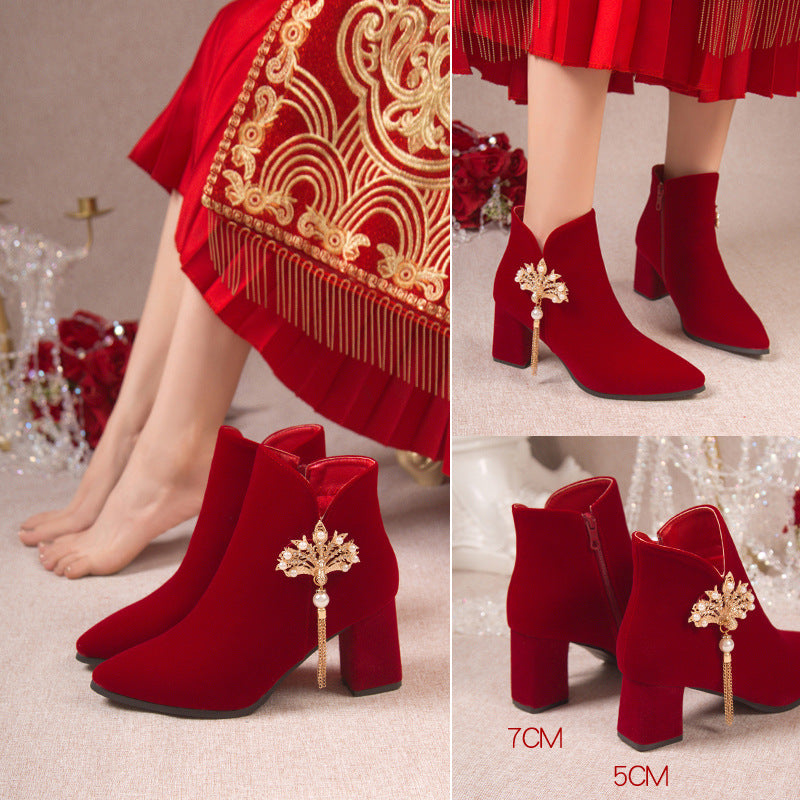 2024fall and winternew arrival thick heel fashion short boots engagement toast red bridal boots xiuhe chinoiserie high heel wedding boots for women