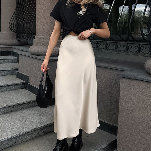 French commuter satin high-waisted A-shaped skirt 2025 spring new drape champagne simulation silk long skirt high-end