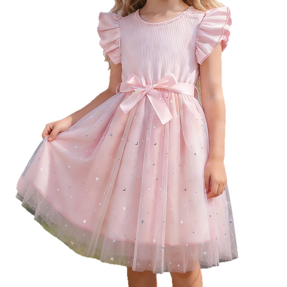 Exportgirl light purple pit strips flying sleeves gradient star mesh skirt summerkidsbows princess dress trendy