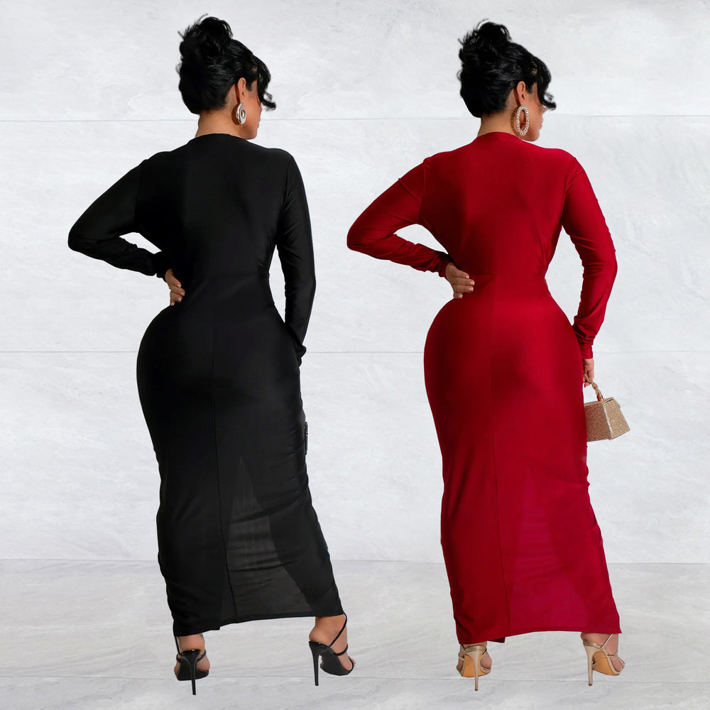 C7118 cross-border   fashion women's bodycon v-neck slit solid color dress - new arrival
