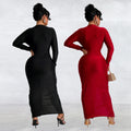 C7118 cross-border   fashion women's bodycon v-neck slit solid color dress - new arrival