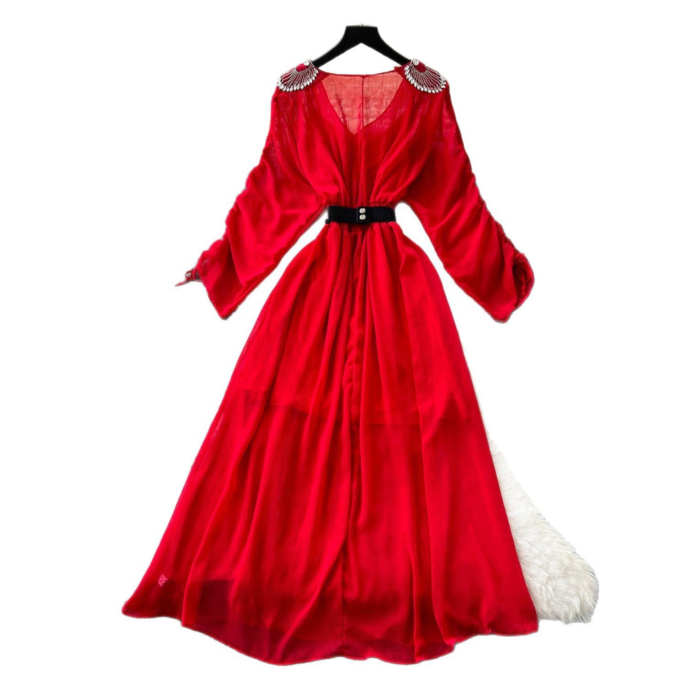 French chic diamond-embellished v-neck batwing sleeve tie-waist maxi dress - slimming, elegant, and flowy chiffon