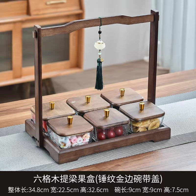 Chinoiserie walnut color dried fruit plate for home divided grids four-square grid lifting beam wedding new home glass bowl fruit plate fruit plate