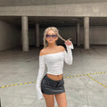 Export fashion new arrivalsexy double-layer mesh tops sweet one-shoulder pleated bell long sleeves t-shirt for women