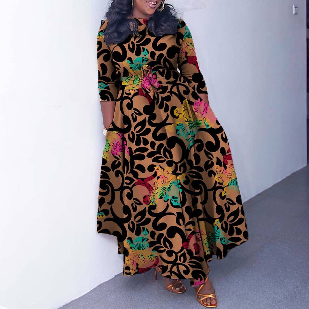 women's autumn fashion dress: european and american style, plus size, stylish print, elegant, tie-waist, a-line silhouette, suitable for cross-border e-commerce