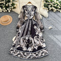 Palace retro design cross v neck mesh lantern sleeves strappy waist printing large swing puffy fashiondress