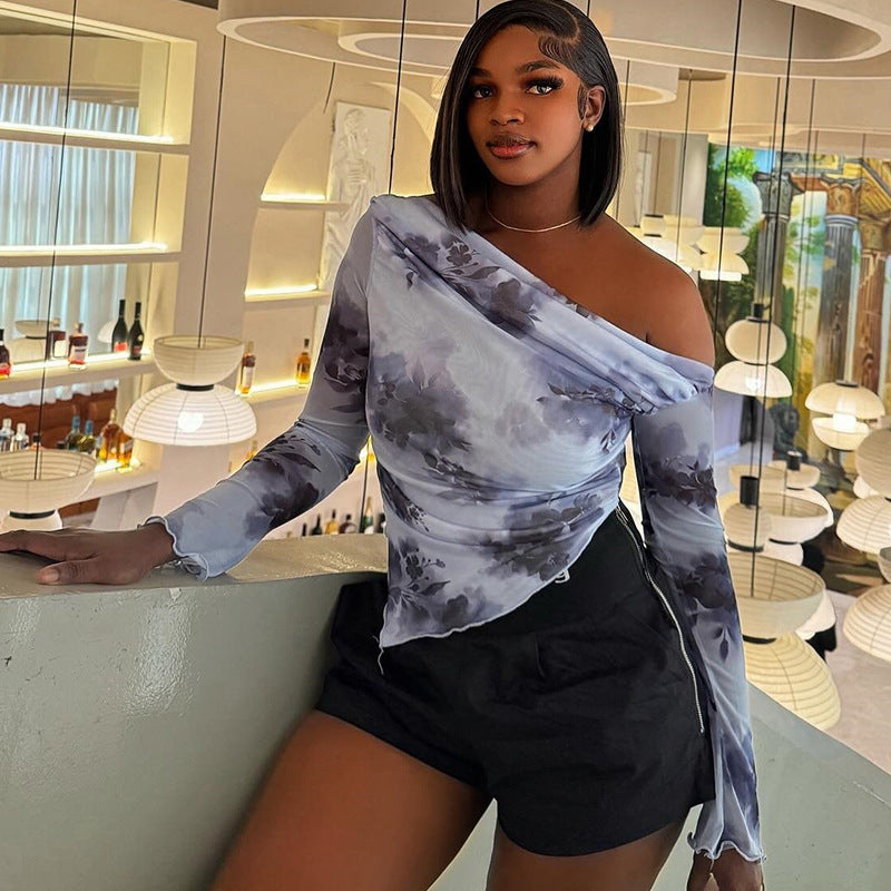 Fashionins cross-border foreign trade wholesale women's long-sleeved new t-shirt tie-dye printing off-shoulder slanted collar asymmetrical hem