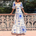cross-border e-commerce european and american women's clothing: new summer collection - off-the-shoulder printed bubble sleeve maxi dress