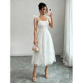 Women's summer new arrival: elegant and romantic mesh embroidered tie-waist a-line midi dress