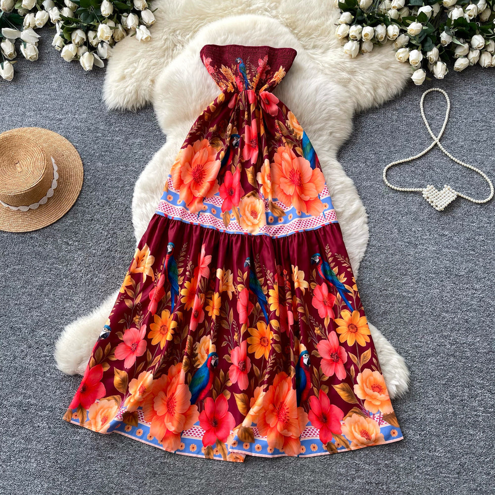 Vacation style halter large printingdress women's summer pure lust style high waistruffles cake skirt french long skirt