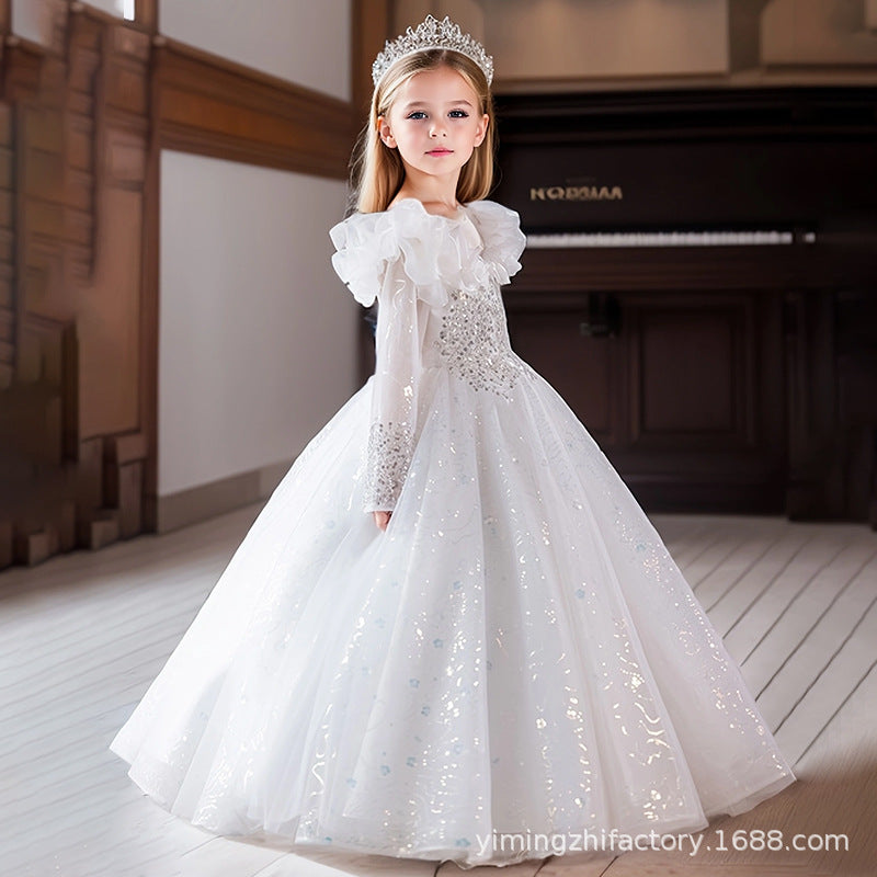 Amazon cross-border girls' evening dress, european and american style white flower girl wedding dress, high-end mesh birthday princess dress, banquet dress