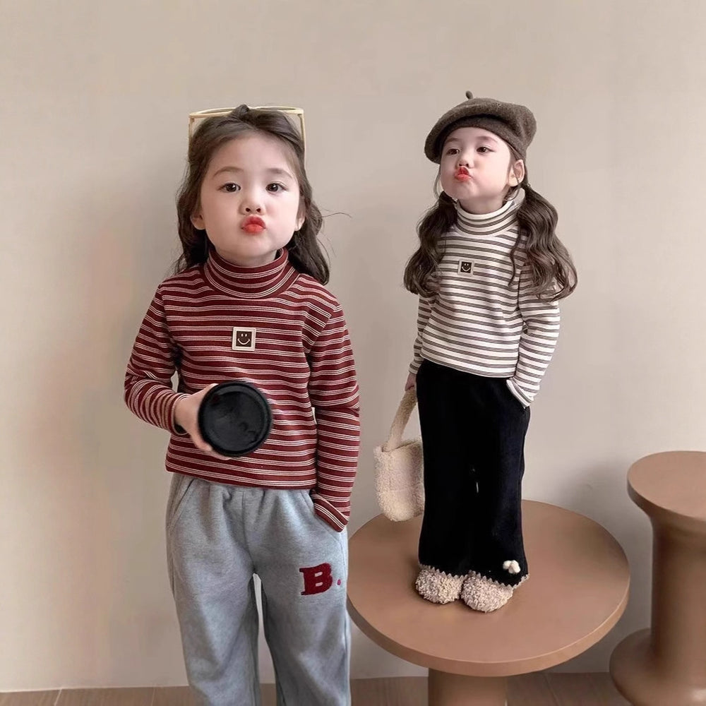 Long sleevesstripes bottom baby style middle and small children boys and girls single tops inner bottom shirt girl high collar thickened