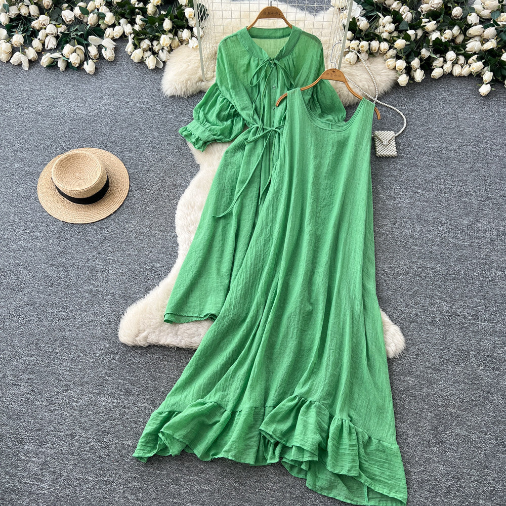 Vacation style yellow ruffles pleated two-piece set female spring autumslimming lookelegantwork clothingsuit skirt classy sense
