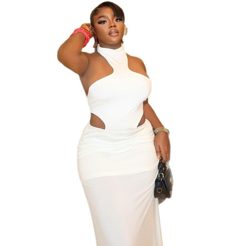 Fashion style cross-border pure color women's silm chest-wrapped elegant hip-covering skirt hanging collar sleeveless slit evening party dress
