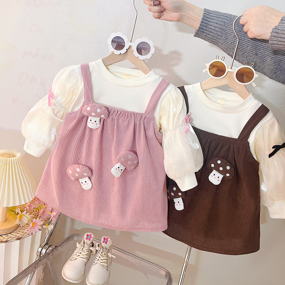 Kids cute dressspringnew arrivalfashion style korean version little girl outwearfake two-piece suspender patchwork skirt