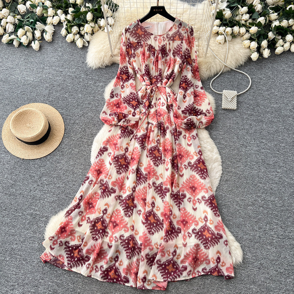 French romantic style printed dress - women's spring/autumn slimming a-line pleated flowy maxi dress - commute chic