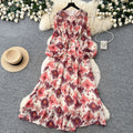 French romantic style printed dress - women's spring/autumn slimming a-line pleated flowy maxi dress - commute chic