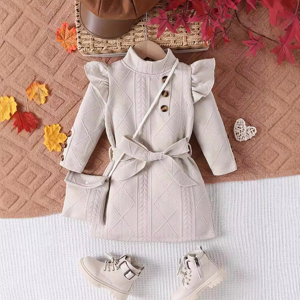European and american autumn/winter style ins-inspired girls' textured crinkle striped flutter sleeve princess dress with matching bag - cross-border exclusive