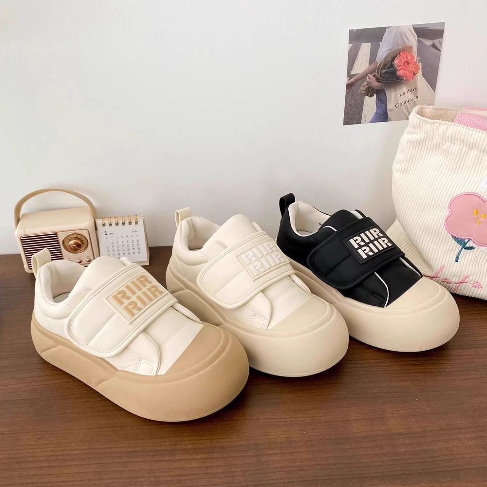 Creamy white chunky sole sneakers - women's adorable & chic autumn new arrivals - unique velcro closure, round toe, bread-shaped shoes, student canvas sneakers
