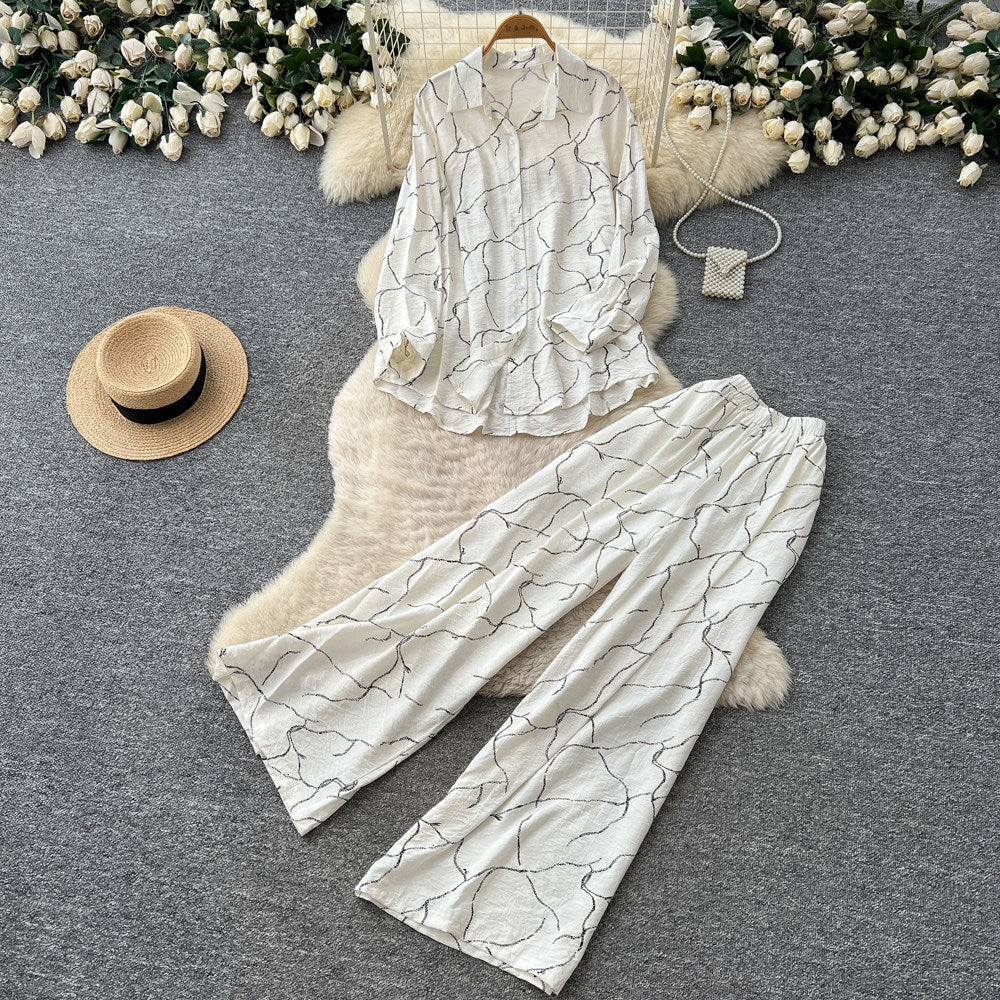 Lazy style pink printingshirtloose pantstwo-piece set female autum light mature style easiest for matchwork clothingelegantsuit