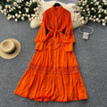 Frenchclassyretrolacepatchwork pearl single breasted slimmingelegant stand collar lantern sleeve large swing dress