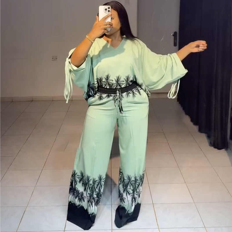 European and american cross-border women's spring  new collection: casual v-neck drawstring printed top and high-waisted wide-leg pants set