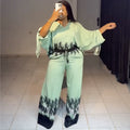 European and american cross-border women's spring  new collection: casual v-neck drawstring printed top and high-waisted wide-leg pants set