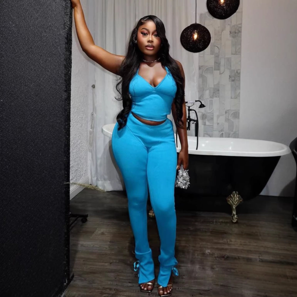 European and american cross-border women's fashion:  autumn new arrival - solid color sleeveless halter neck sexy top & leggings casual set