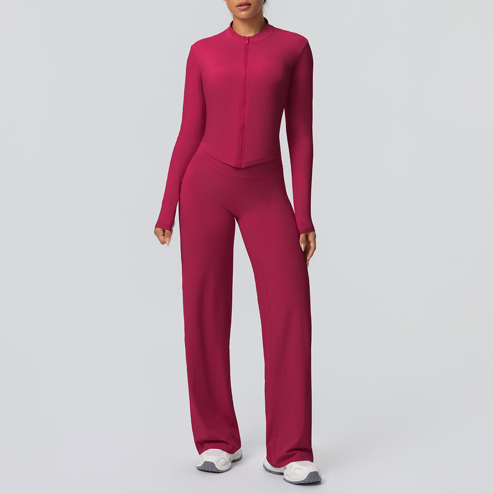 New arrival: solid color brushed fleece breathable zip-up jacket & wide-leg yoga pants set - perfect for running, fitness, and activewear