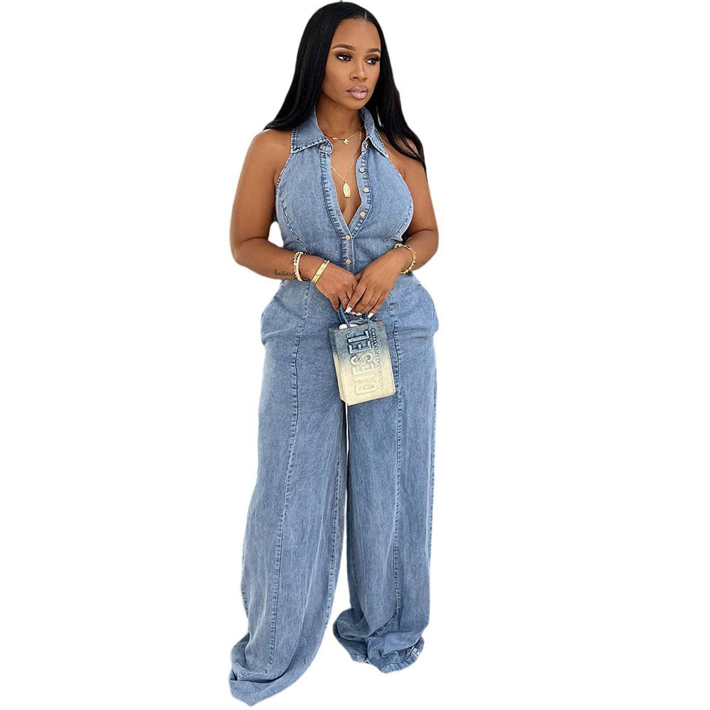 European and american style denim jumpsuit  cross-border fall and winternew arrival women's lapel halter single-breasted jumpsuit